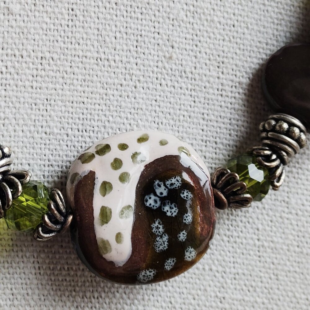 Artisan Beaded Necklace Green Faceted Stones, Glossy Brown Beads & Silver Accent - Picture 8 of 9